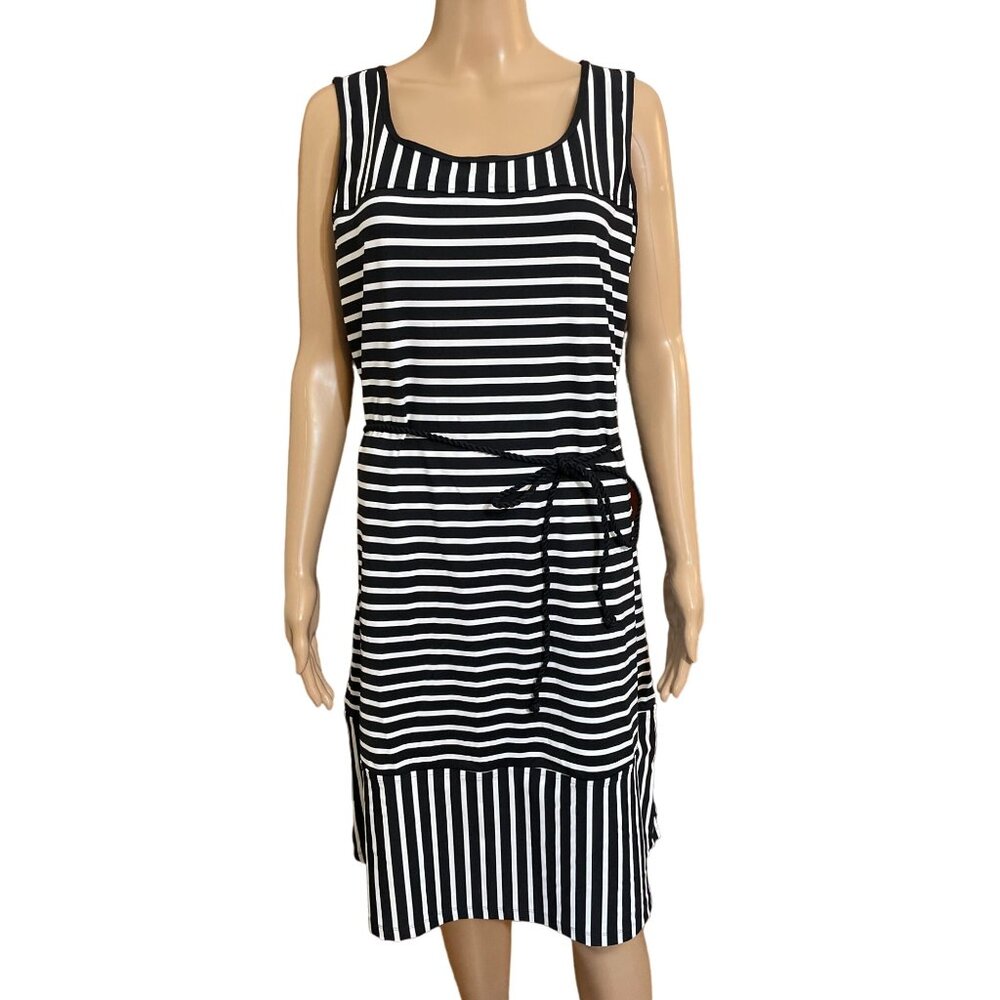 Lands's End Black White Striped with Belt Dress Size Large